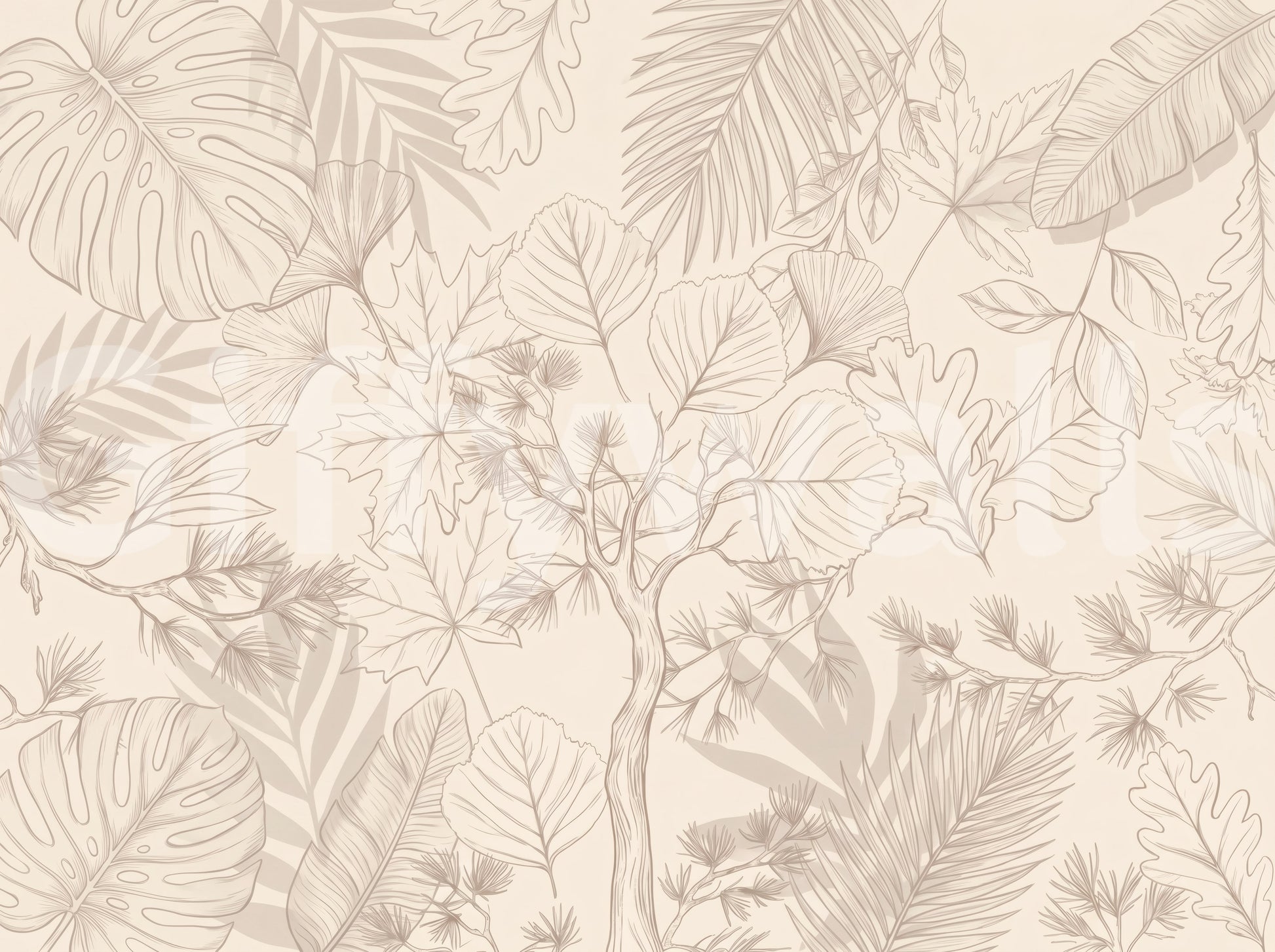 Cream Botanical Leaf Sketch Wall Mural