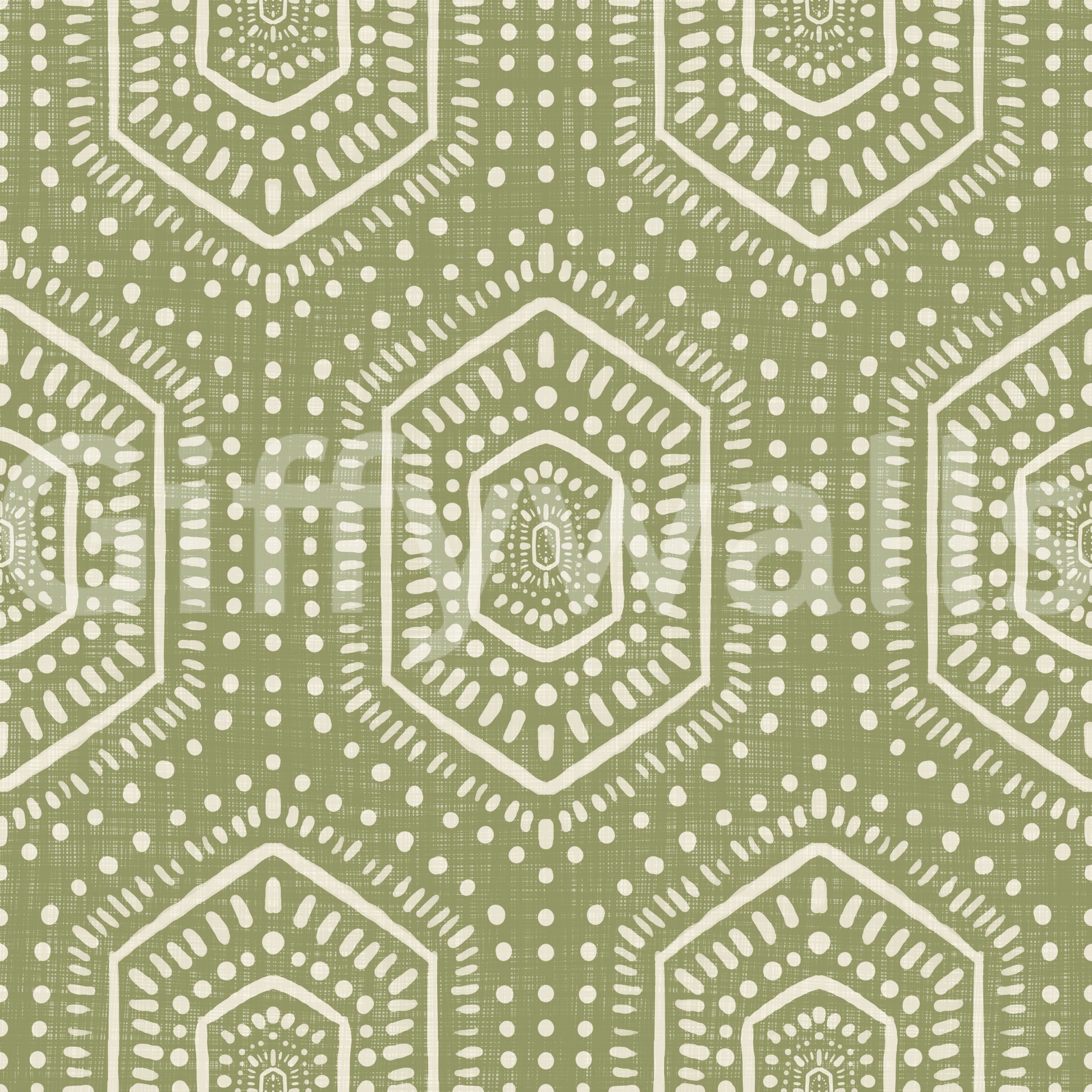 Boho Painted - Abstract Mudcloth Hexagons Tribal Geometric Pattern Meadow Green Wallpaper⁠
