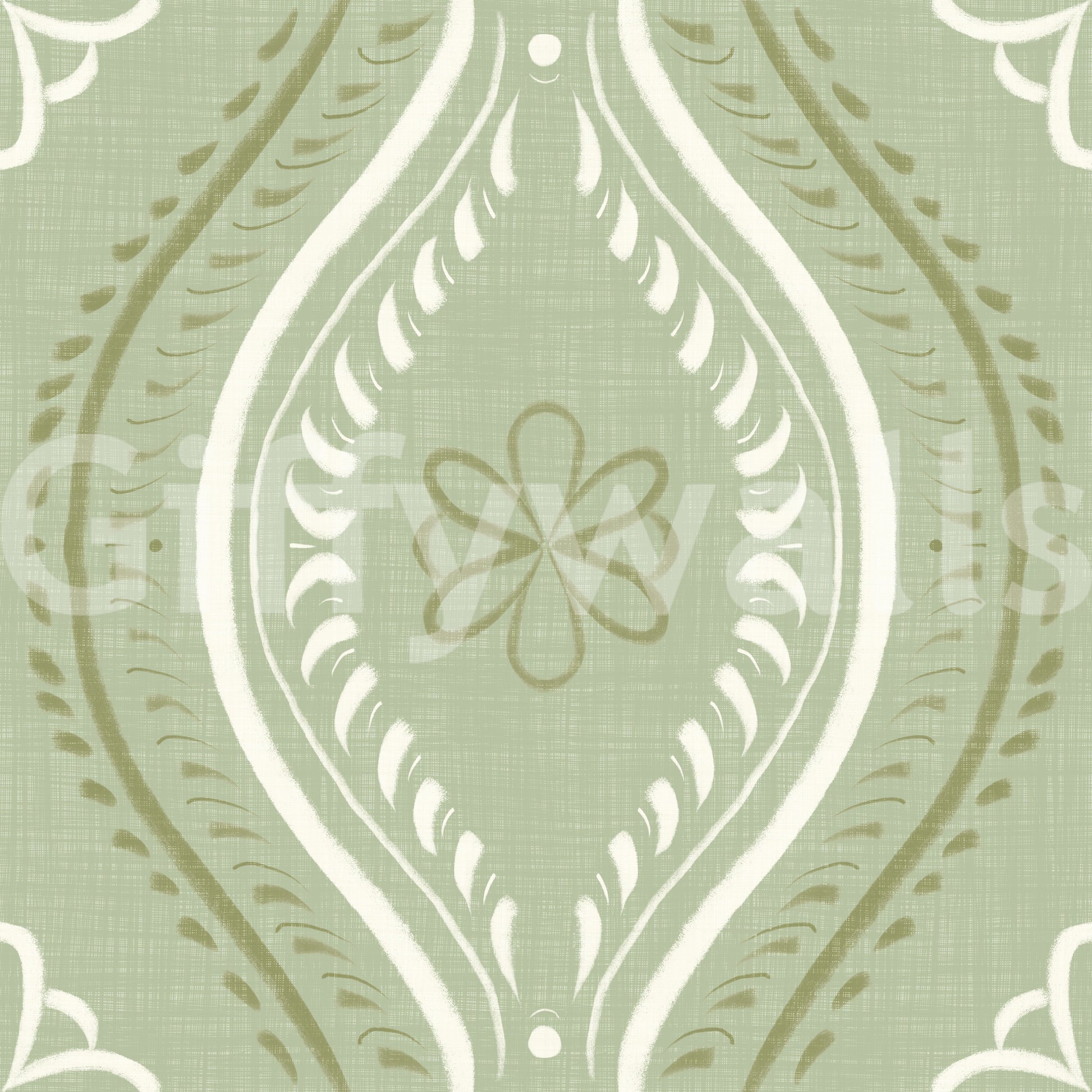 Faded Ogee Damask - Grandmillennial Green Wallpaper⁠