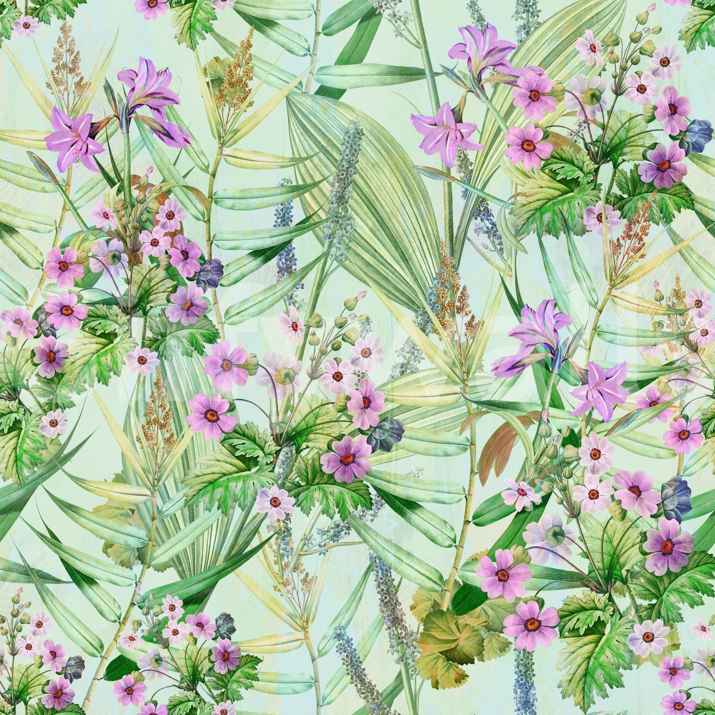 Soft Lilac and Leaf Garden Pattern Wallpaper⁠