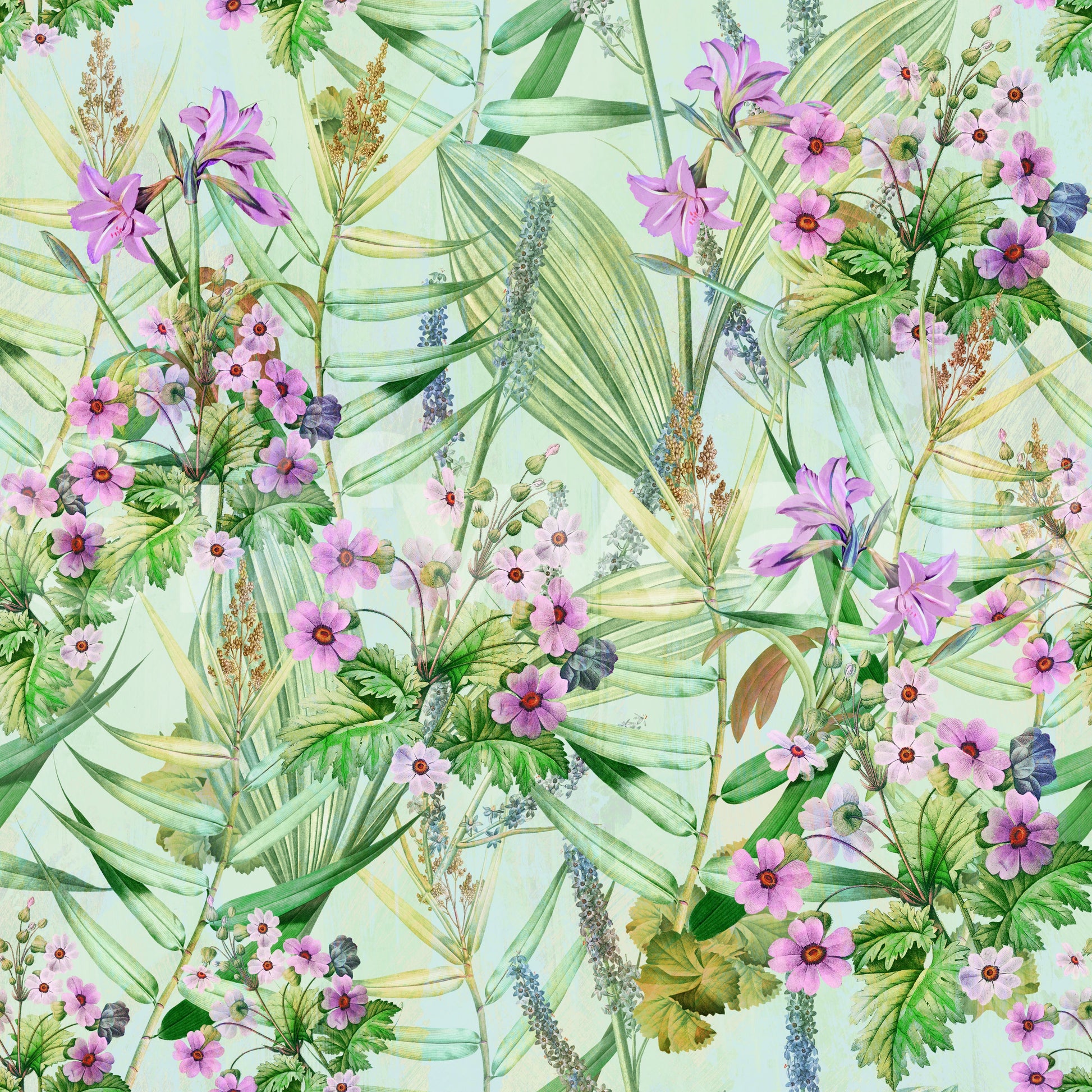 Soft Lilac and Leaf Garden Pattern Wallpaper⁠