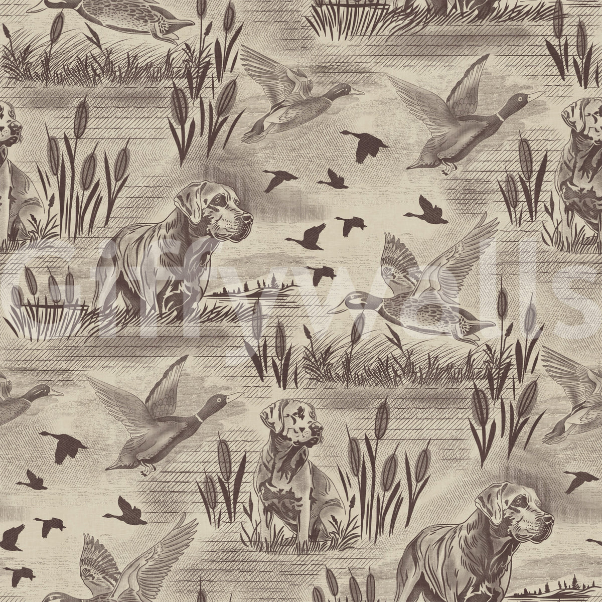 Close-up swatch of etched wildlife meadow wallpaper in sepia and brown on cream GD12742
