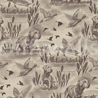 Close-up swatch of etched wildlife meadow wallpaper in sepia and brown on cream GD12742