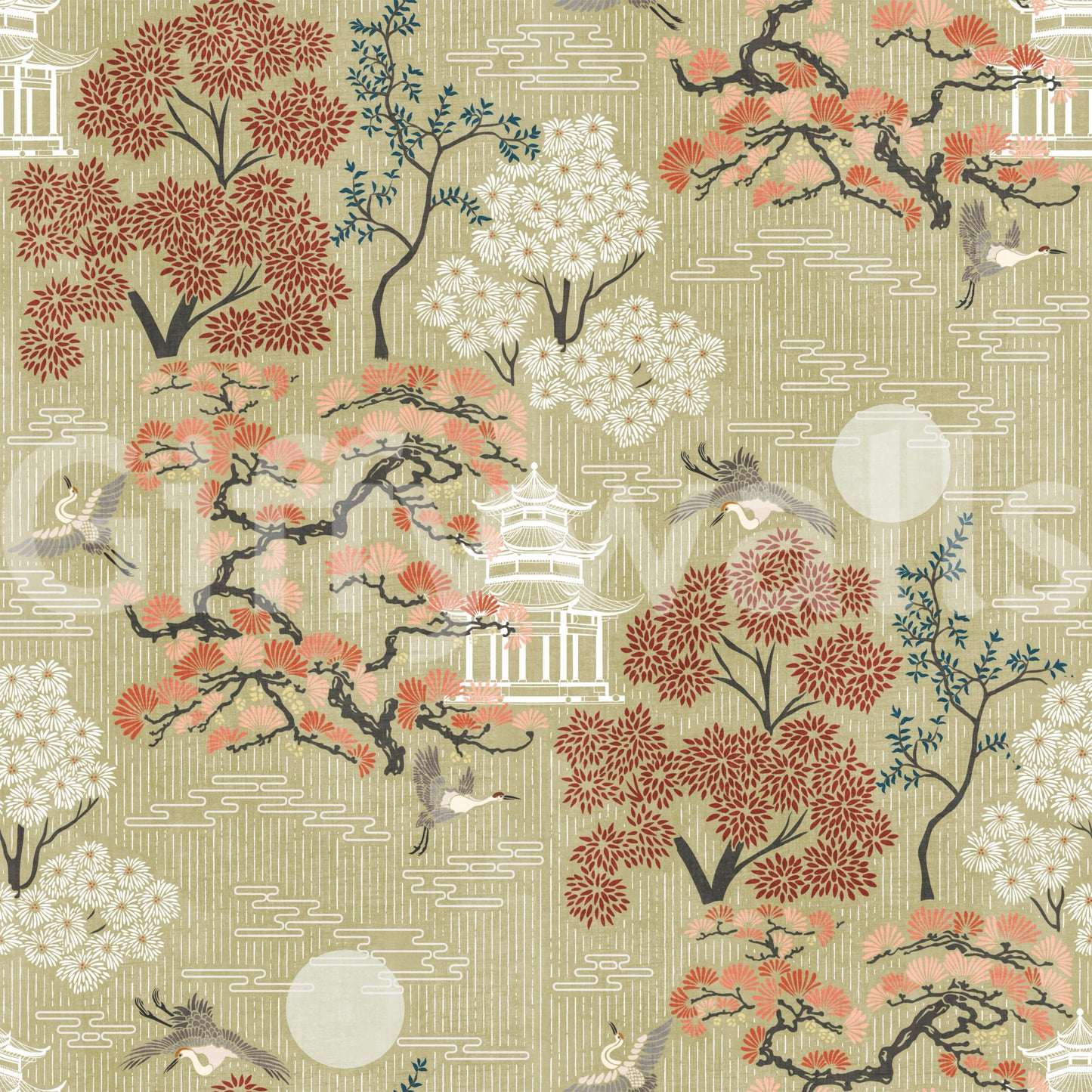 Oriental Crane and Pagoda Garden Wallpaper⁠
