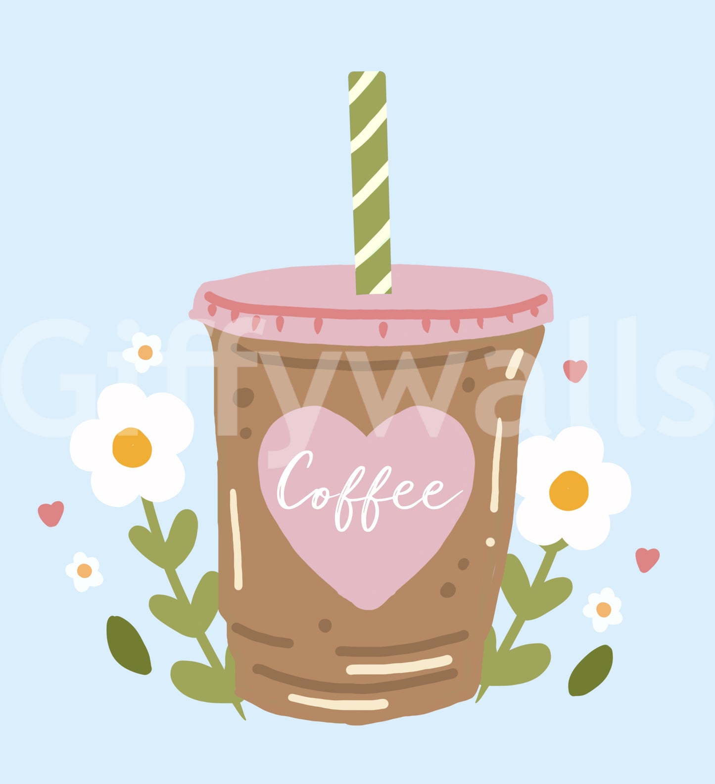 Iced Coffee Heart Floral Illustration Wall Mural