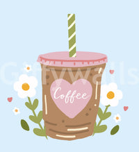 Iced Coffee Heart Floral Illustration Wall Mural