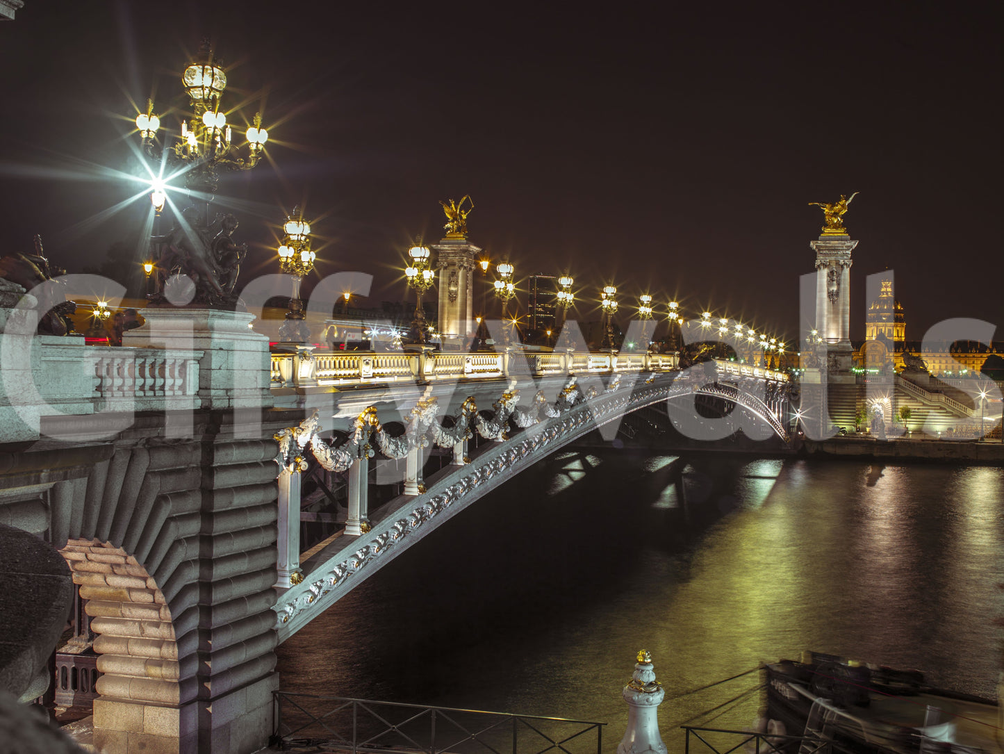 Midnight Parisian Bridge Illumination Wall Mural