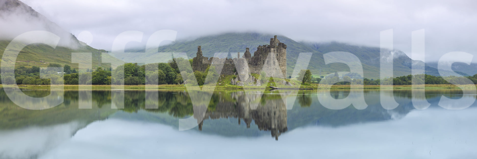 Misty Lochside Fortress Ruins Wall Mural