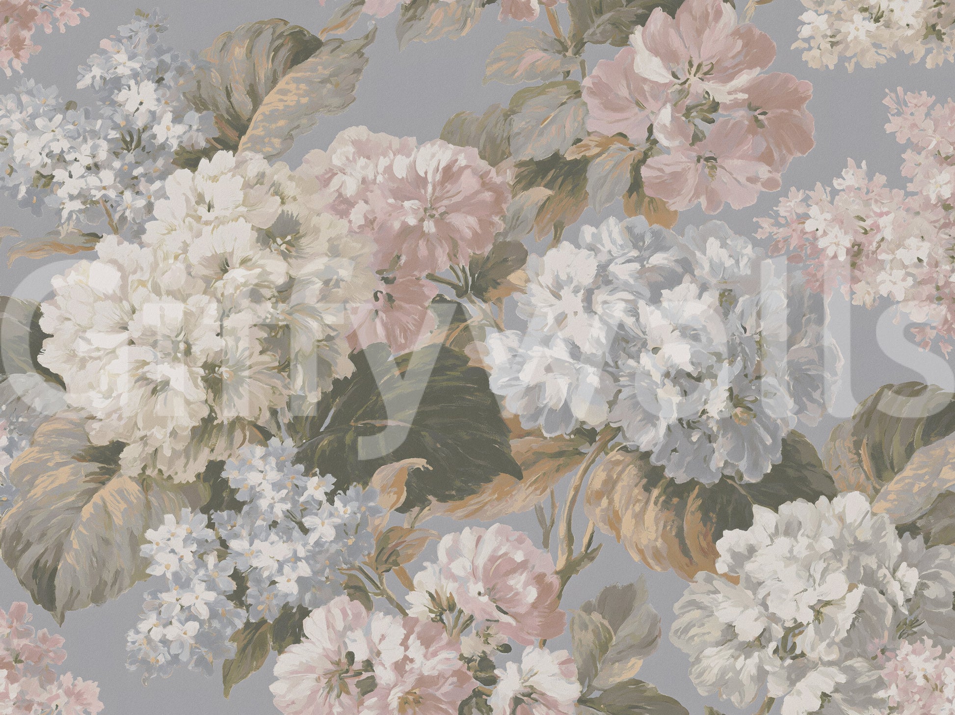 Slate Gray Botanical Hydrangea Bloom Wall Mural