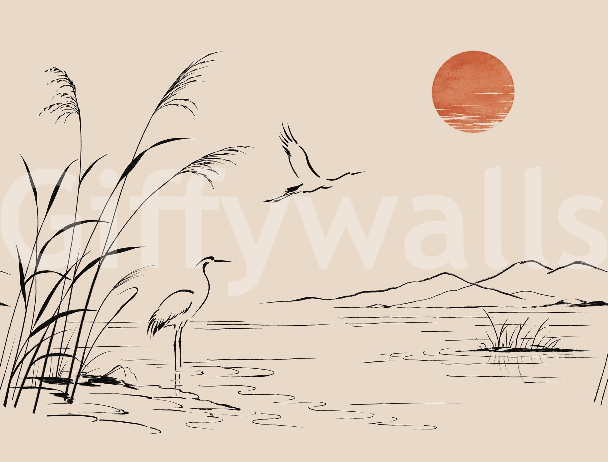 Minimalist Ink Wash Heron Landscape Wall Mural