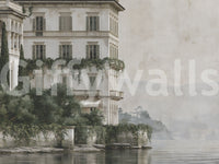 Misty Lakefront Manor Sketch Wall Mural