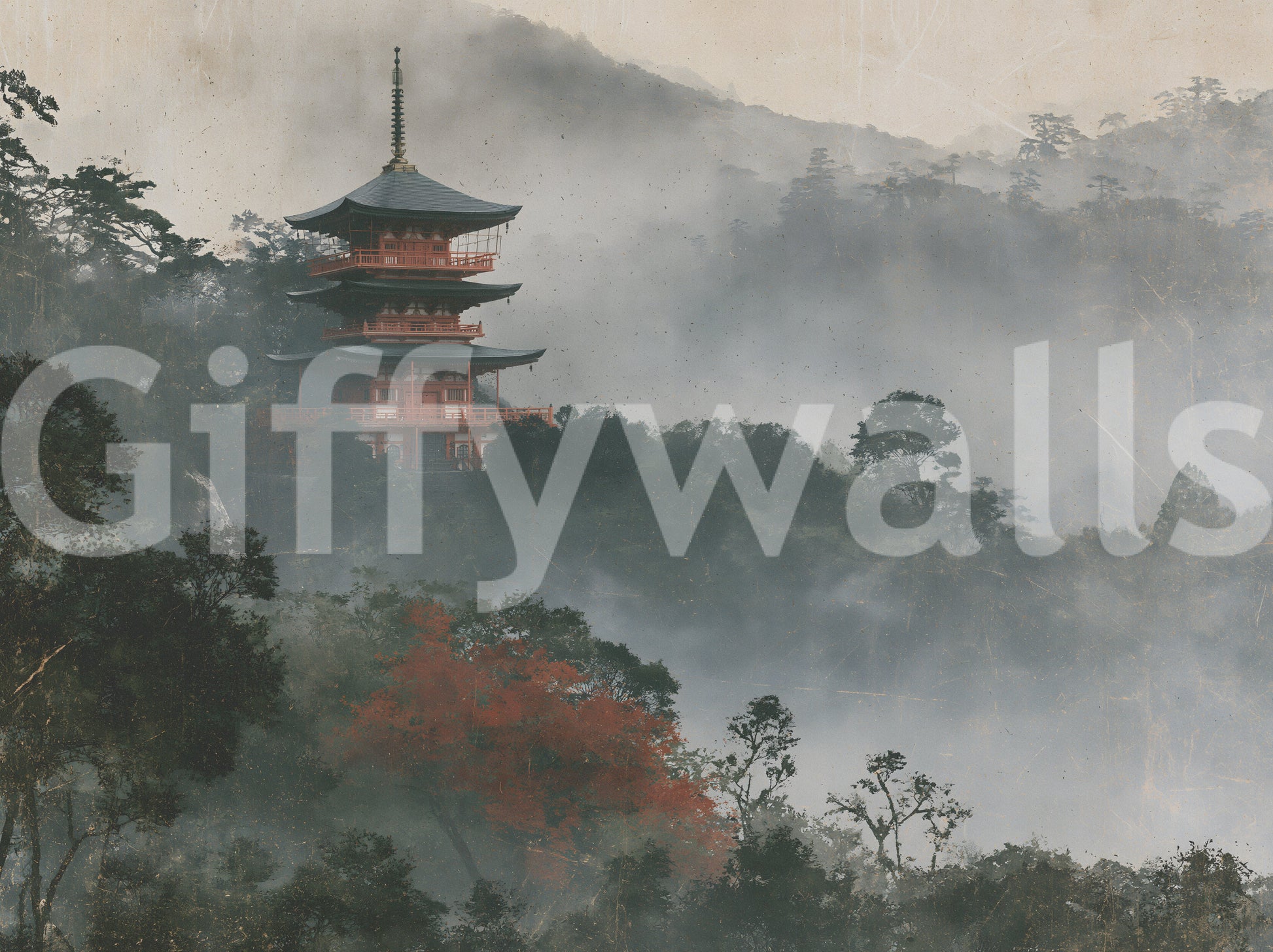 Ancient Temple in Foggy Woods Wall Mural