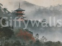 Ancient Temple in Foggy Woods Wall Mural