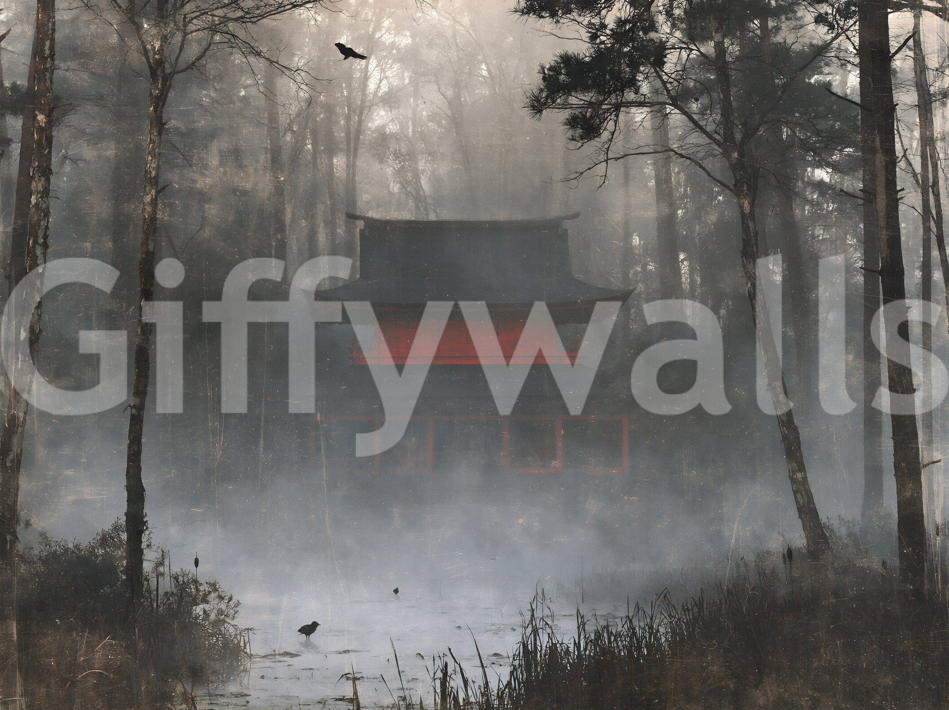 Zen Temple Foggy Woodland Wall Mural