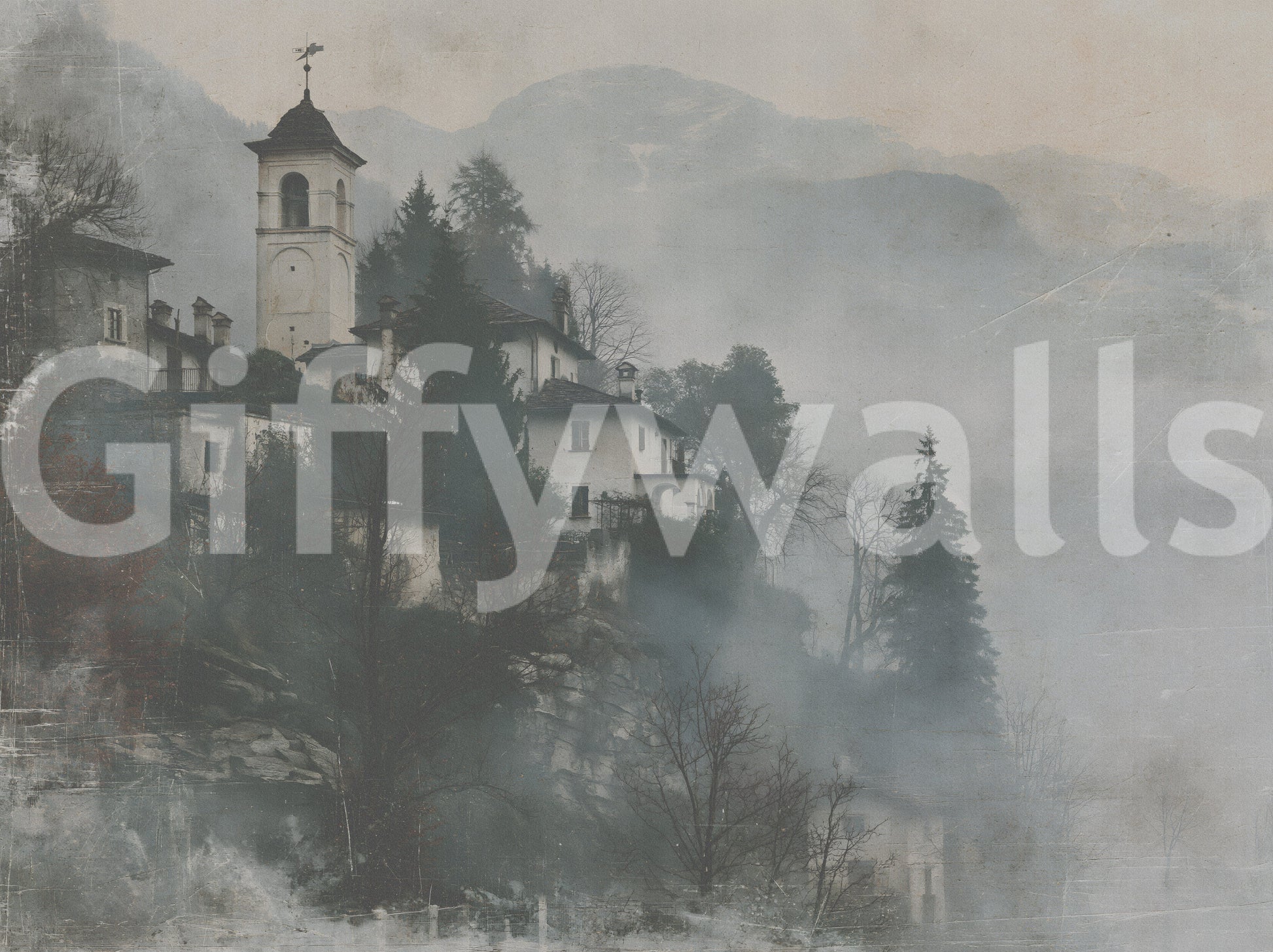 Vintage Foggy Hillside Retreat Wall Mural