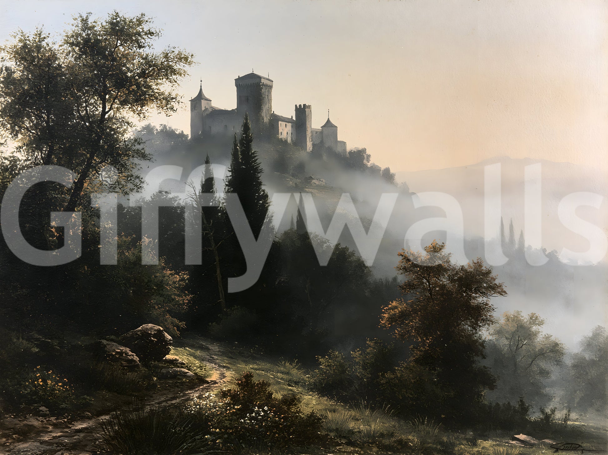 Forgotten Fortress in Morning Mist Wall Mural