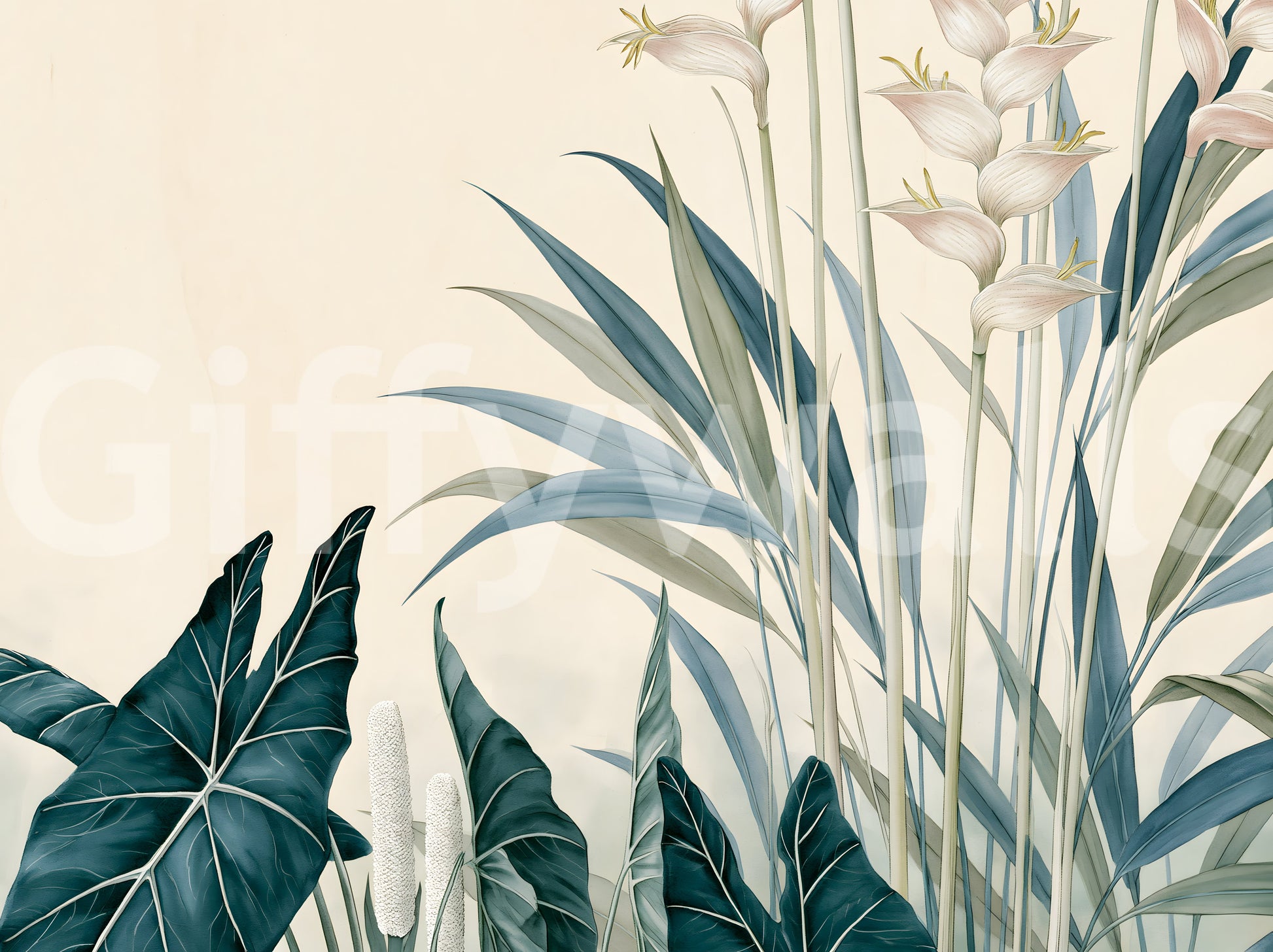 Modern Alocasia and Heliconia Flourish Wall Mural
