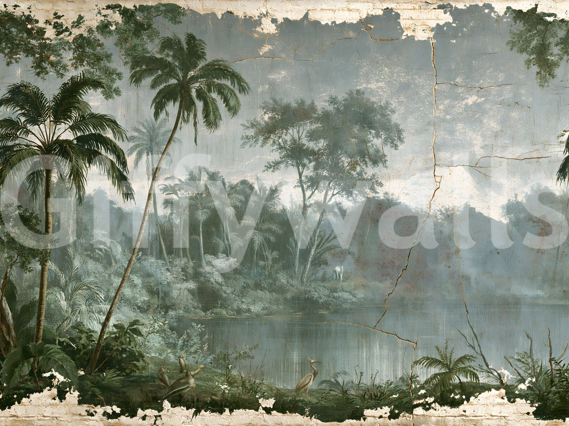 Aged Botanical Riverside Scene Wall Mural