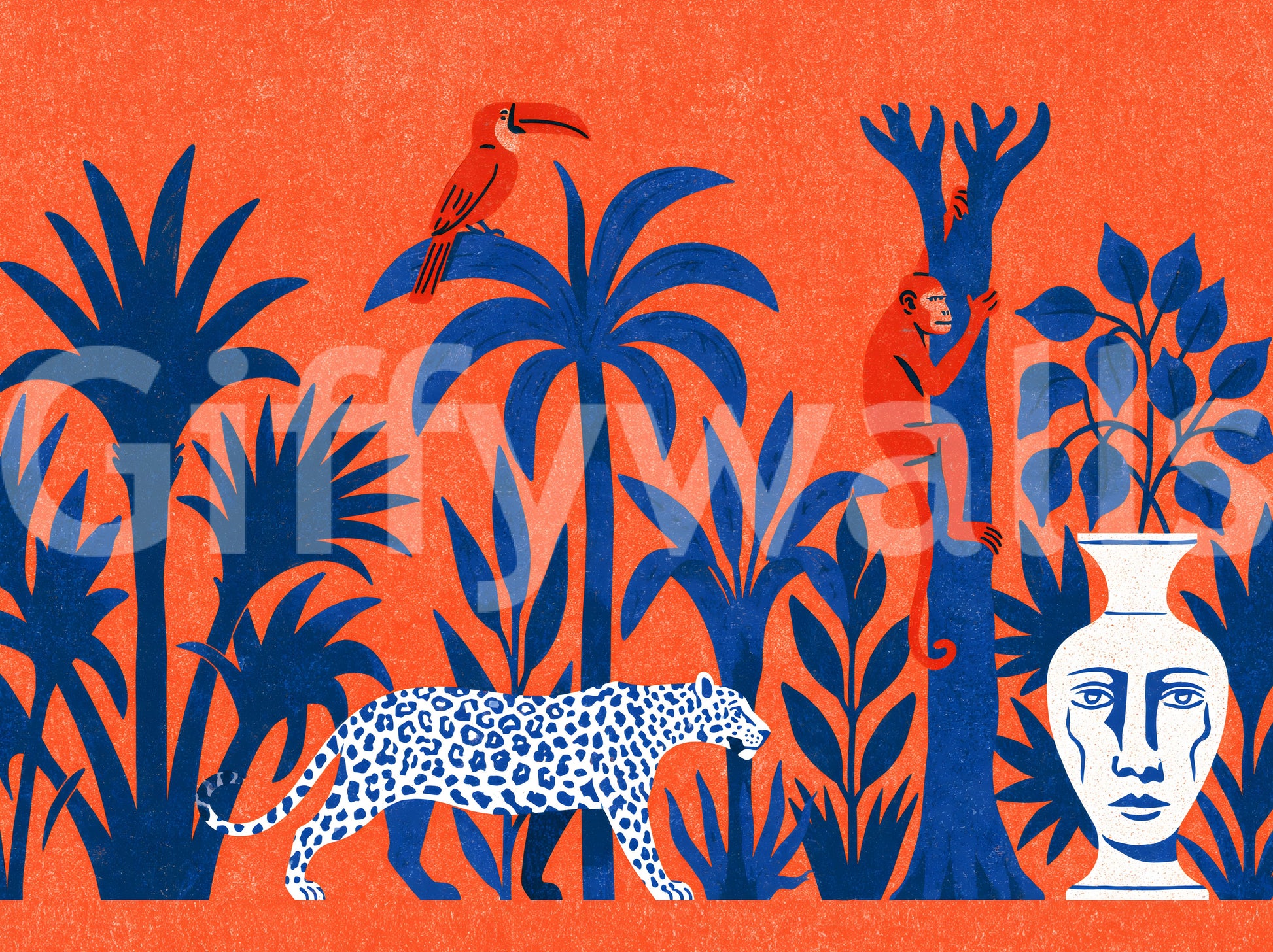 Vibrant Jungle Leopard and Tropical Wildlife Scene Wall Mural