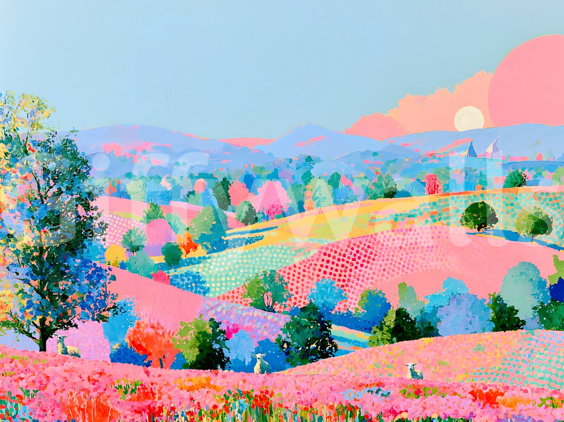 Vibrant Pastel Hillside Impression Wall Mural