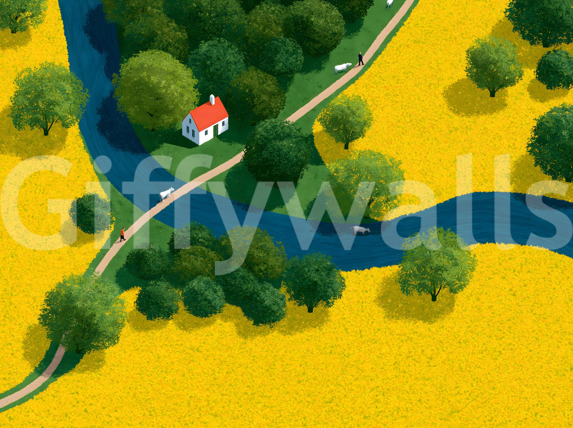 Isometric Countryside Meadow Scene Wall Mural