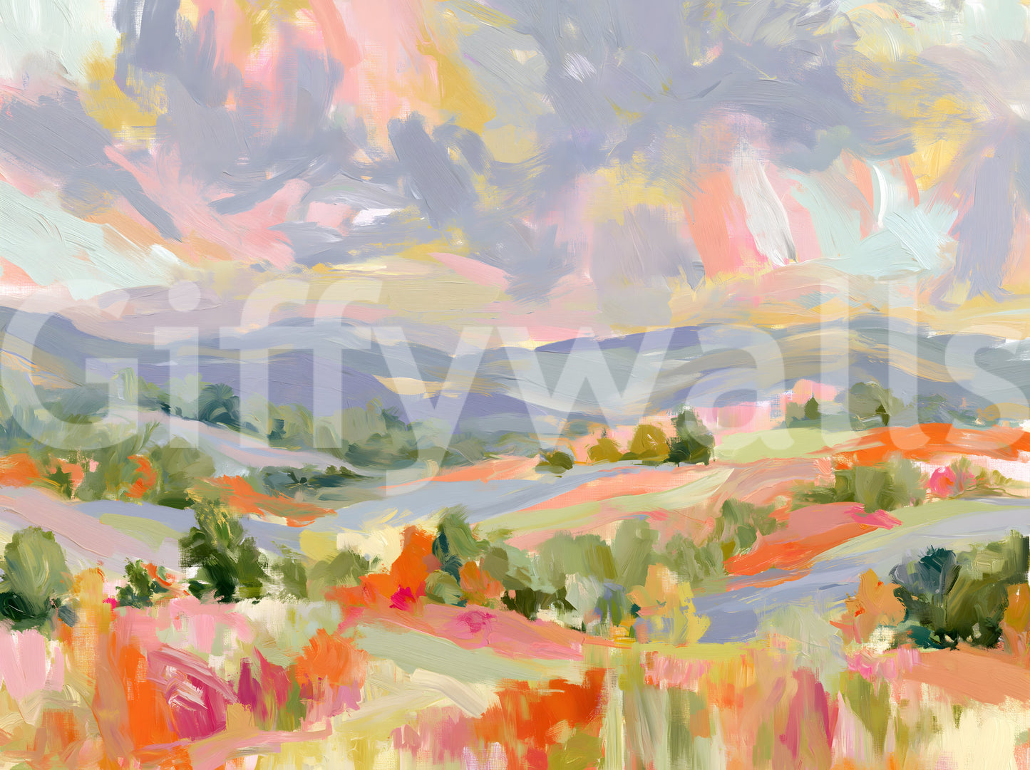 Impressionist Mountain Valley Vista Wall Mural