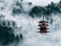 Misty Red Pagoda Mountain Sanctuary Wall Mural