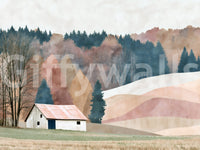 Rustic Autumn Valley Cabin Scene Wall Mural