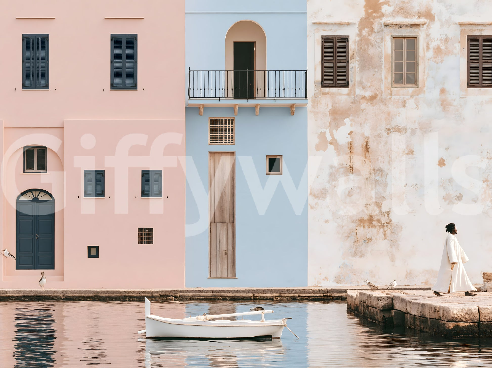 Mediterranean Harbor Pastel Facades Wall Mural