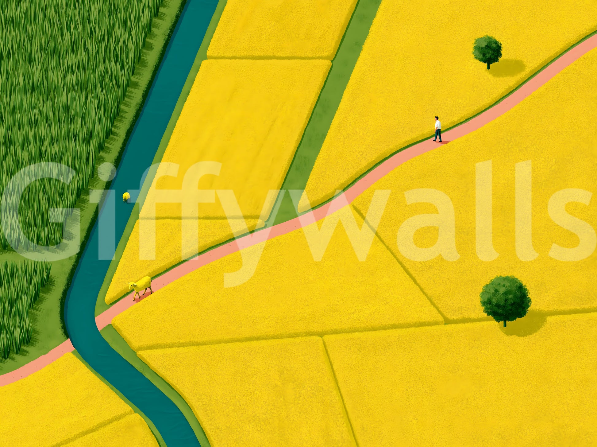 Golden Fields and Winding Stream Landscape Wall Mural