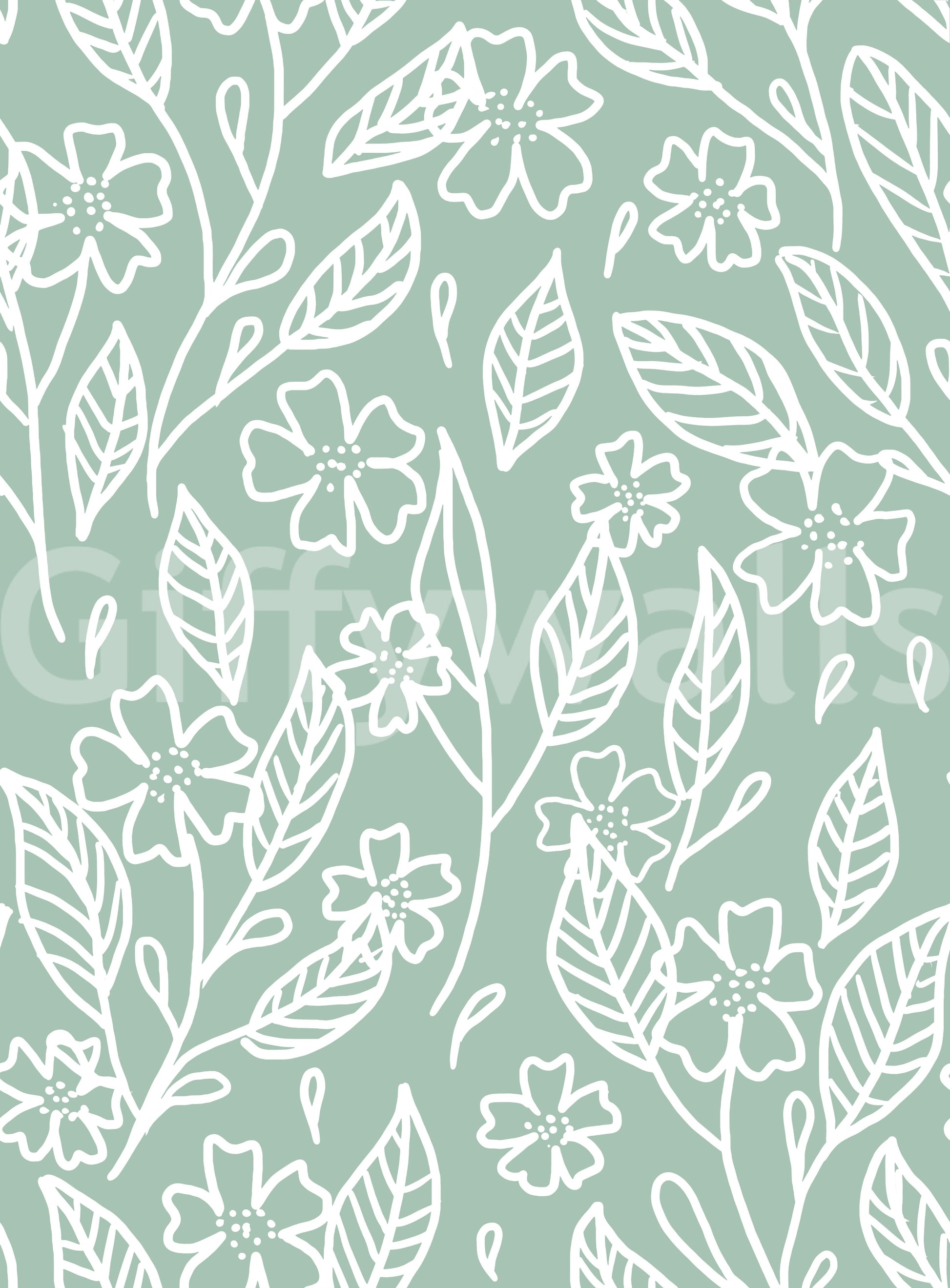 Sage Green Hand-Drawn Floral Line Art Wallpaper⁠