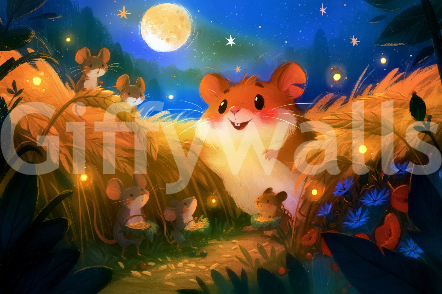 Moonlit Hamster Harvest Scene Wall Mural