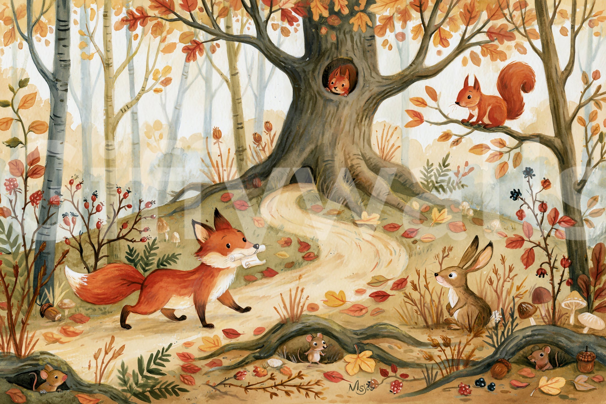 Fox and Woodland Friends Meadow Scene Wall Mural