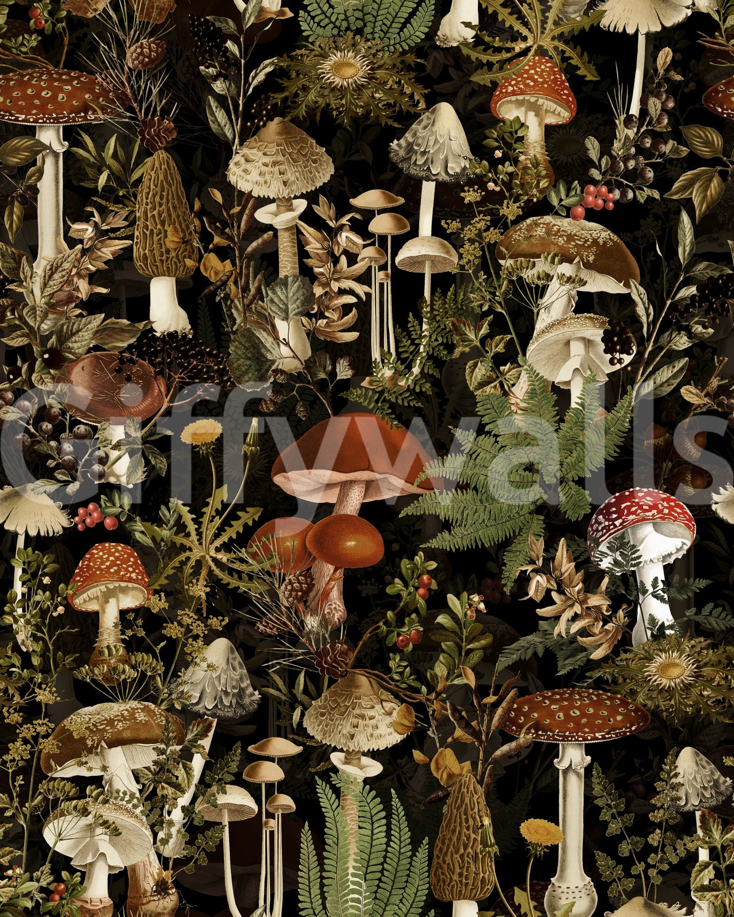 Midnight Forest Mushroom Botanical Wallpaper⁠