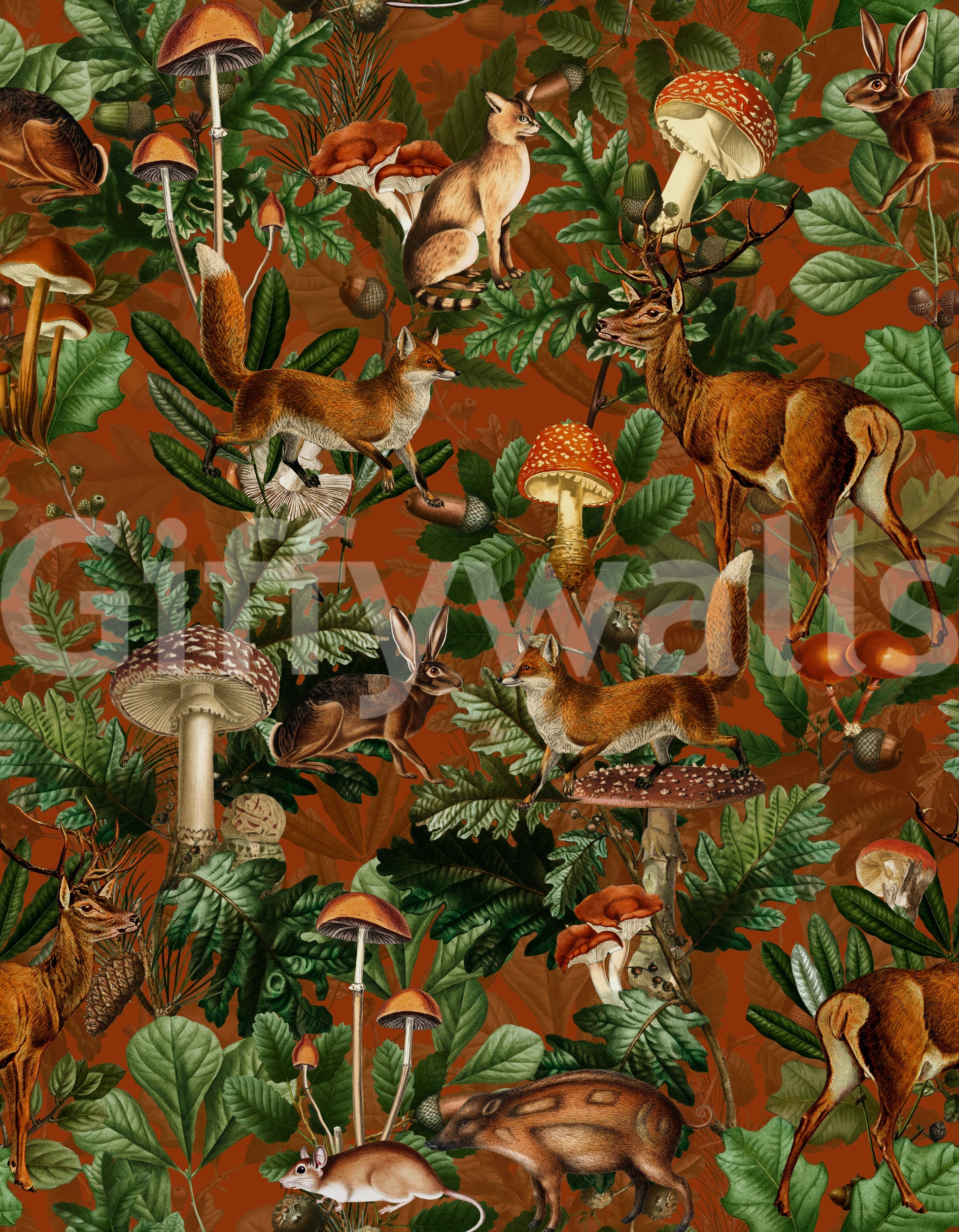 Rustic Woodland Creatures and Fungi Tapestry Wallpaper⁠