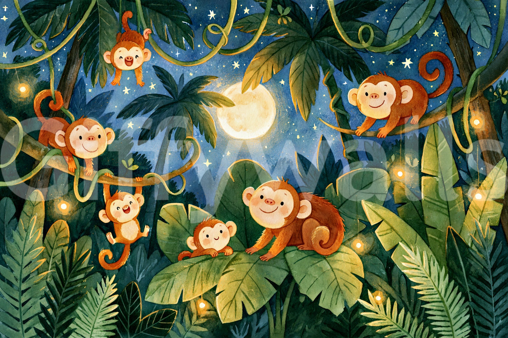 Moonlit Jungle Monkey Friends Wall Mural