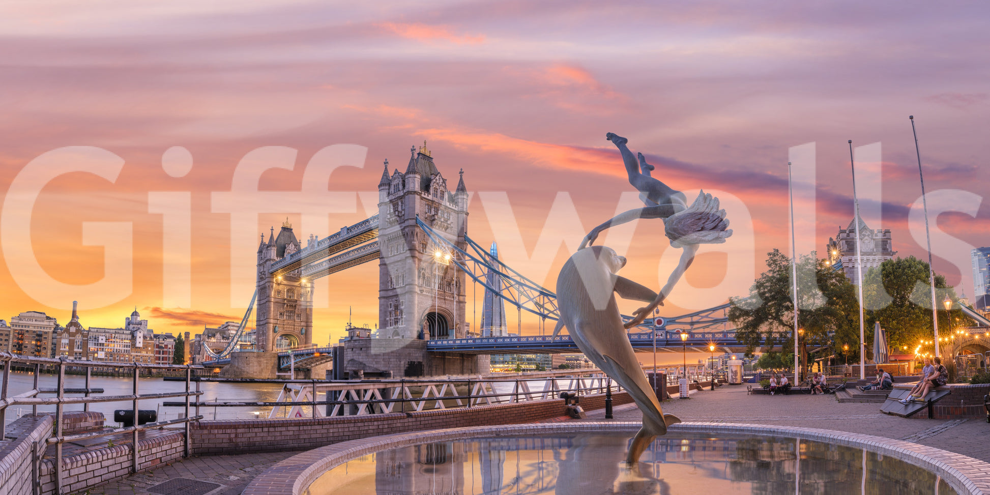 Evening Fountain at Tower Bridge Wall Mural