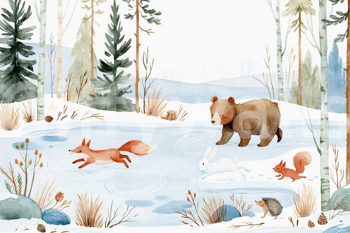 Winter Forest Friends Watercolor Scene Wall Mural