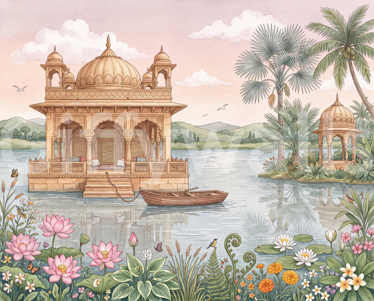 Lotus Lake Palace full wall mural design with golden palace, lotus lake and hills, GD13085