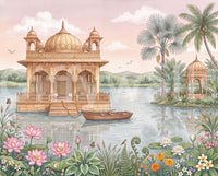 Lotus Lake Palace full wall mural design with golden palace, lotus lake and hills, GD13085