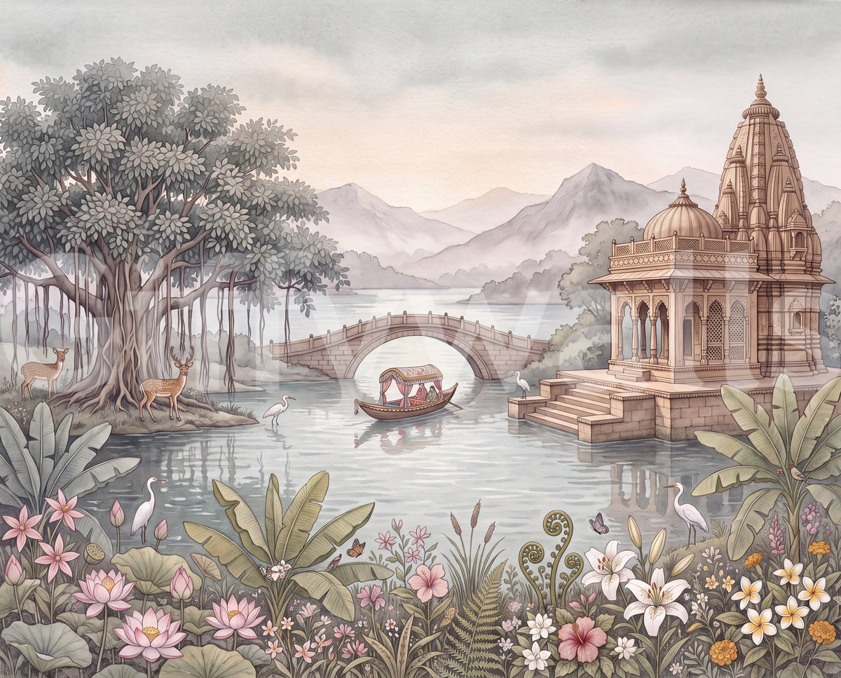 Celestial Palace Garden landscape wallpaper mural on a living room feature wall, GD13098