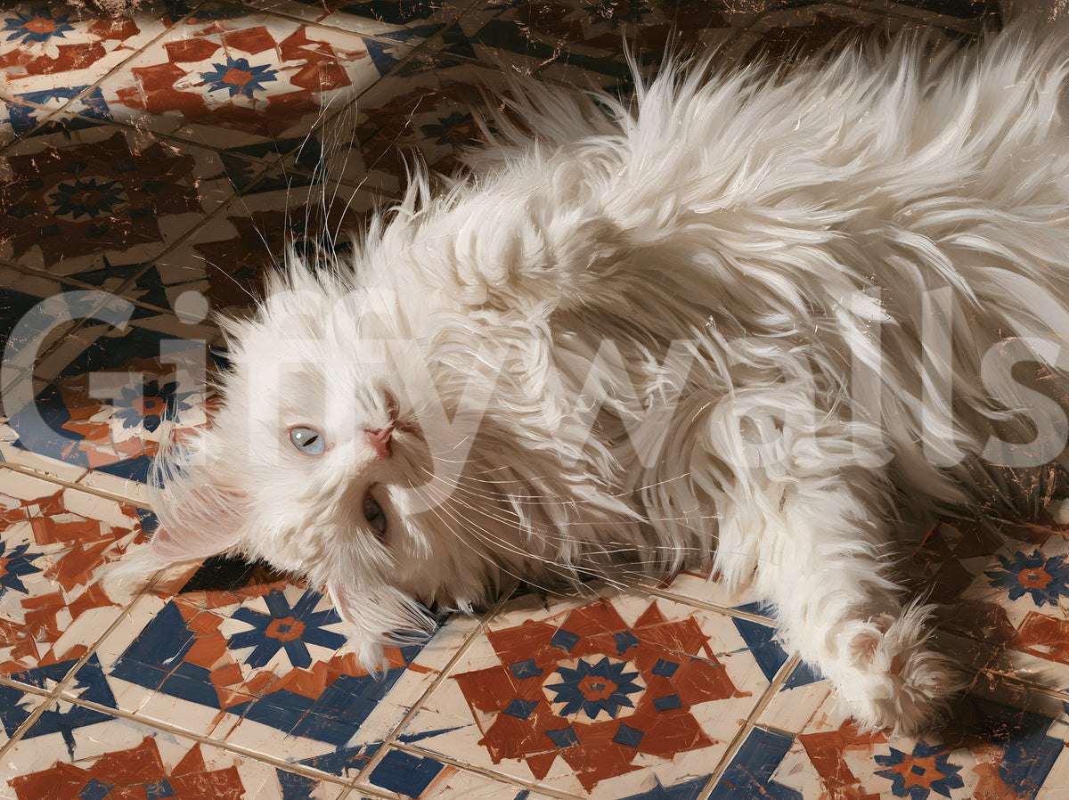 White Persian cat resting on terracotta and blue Mediterranean tiles wall mural, GD13119