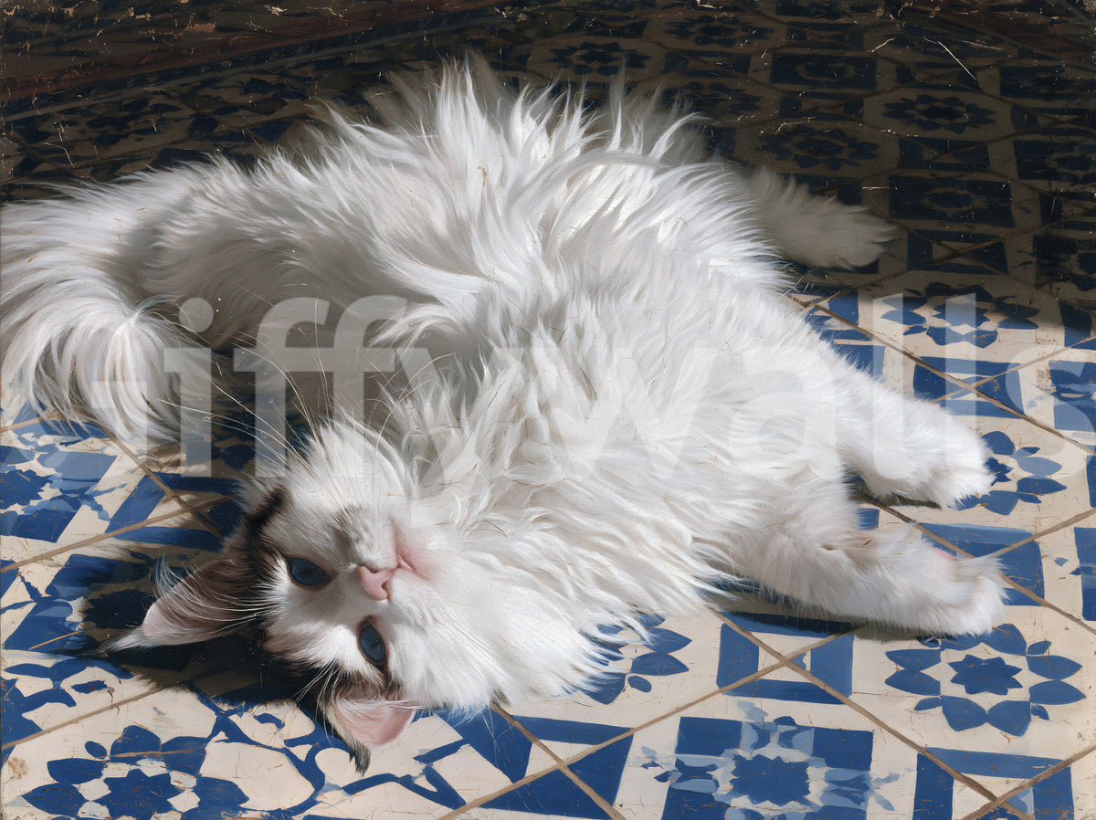 Resting Fluffy Cat on Mediterranean Tiles Wall Mural