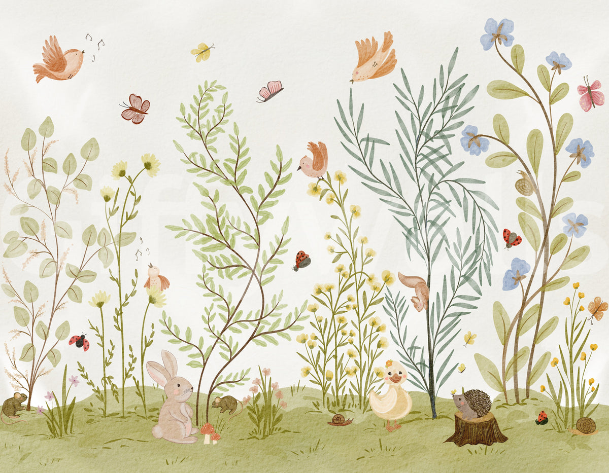 Enchanted Meadow Botanical Scene Wall Mural