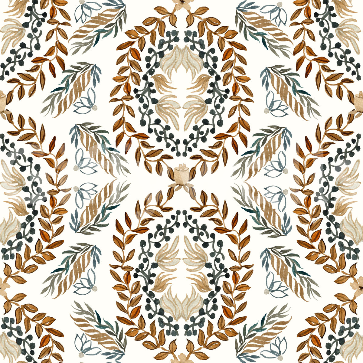 Watercolor Botanical Wreath Motif Wallpaper⁠