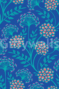Danube Retro Vintage Floral Zinnia Cow Parsley in Turquoise Royal Blue Wallpaper⁠