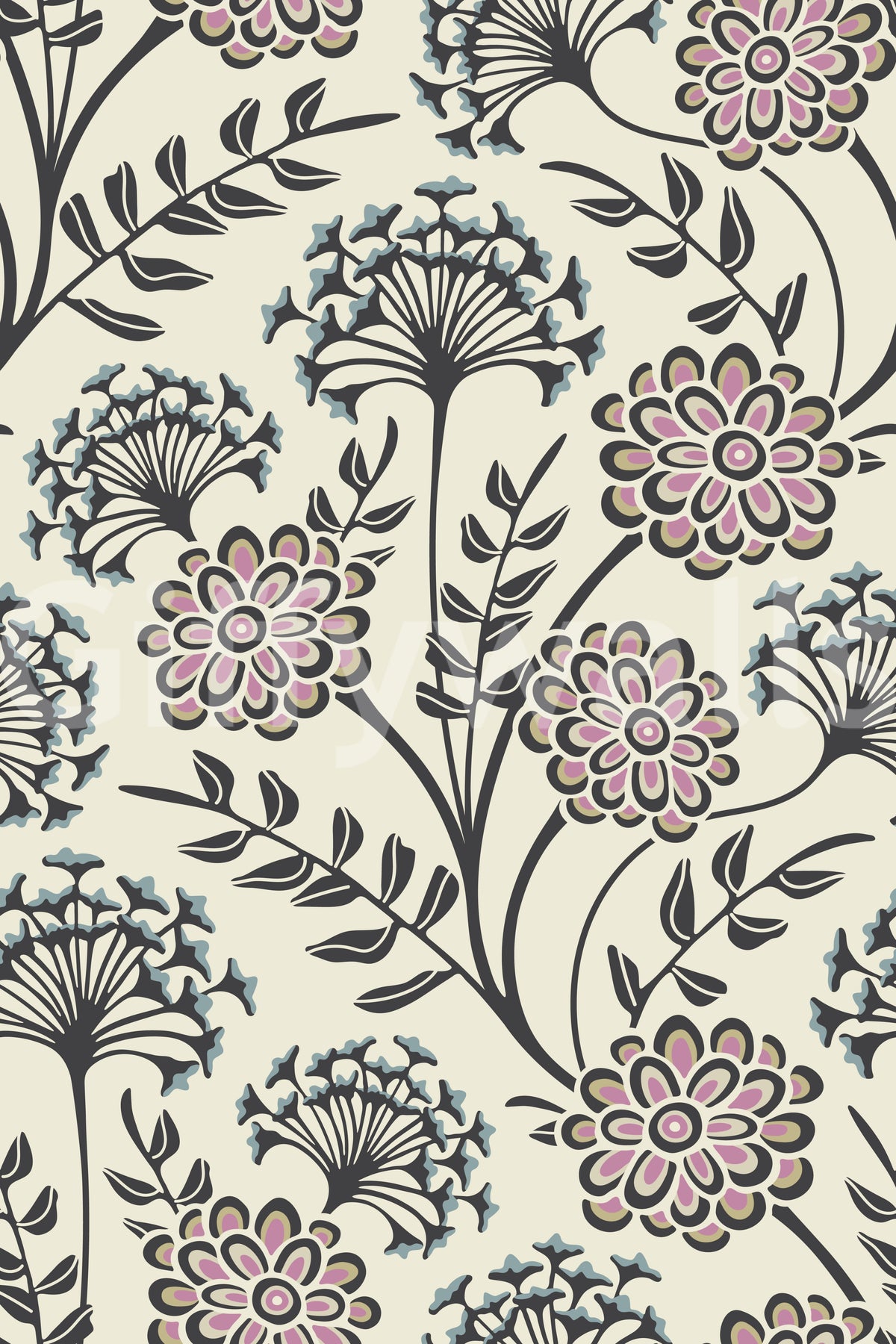 Danube Retro Vintage Floral Zinnia Cow Parsley in Charcoal Ecru Wallpaper⁠