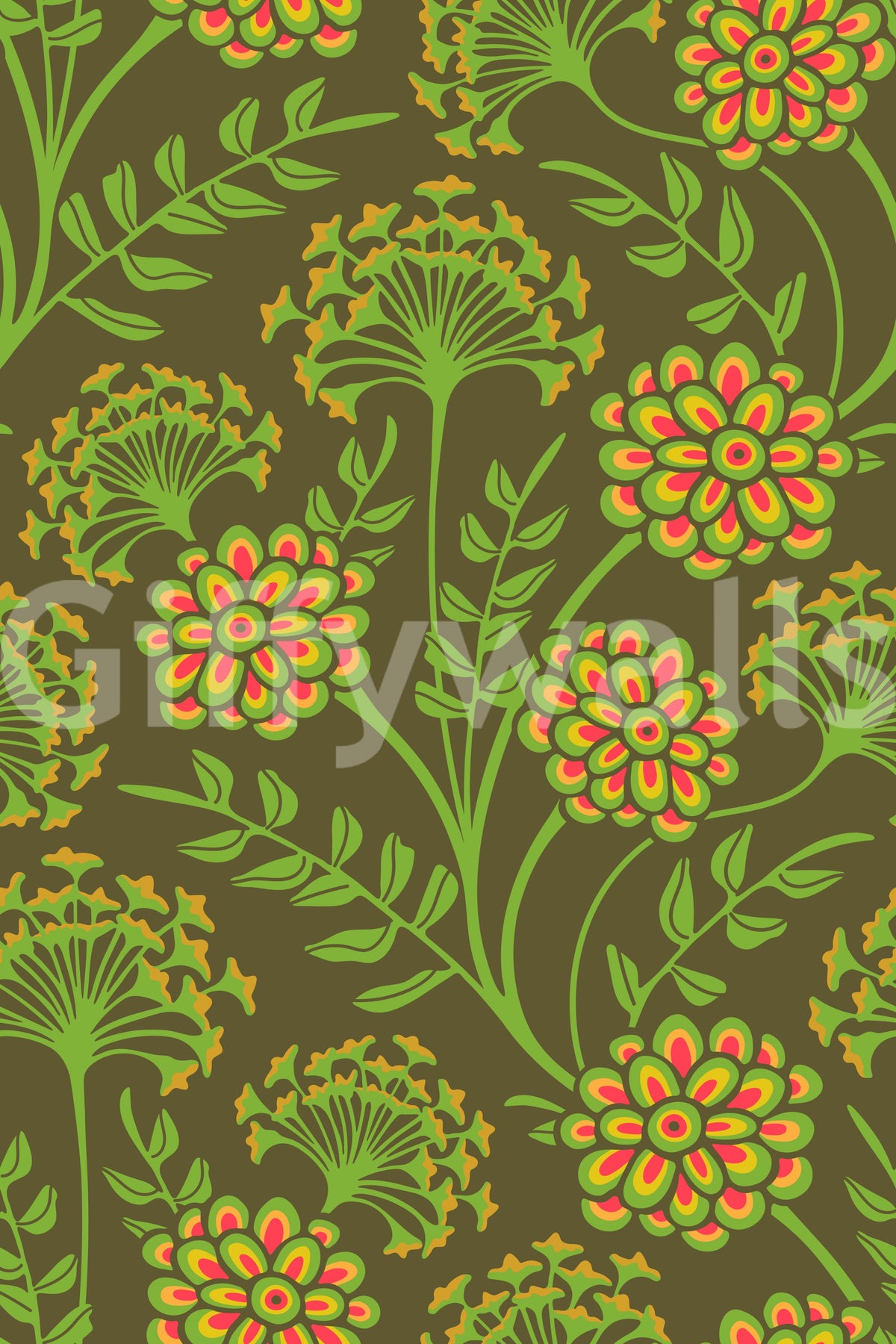 Danube Retro Vintage Floral Zinnia Cow Parsley in Yellow Moss Green Wallpaper⁠