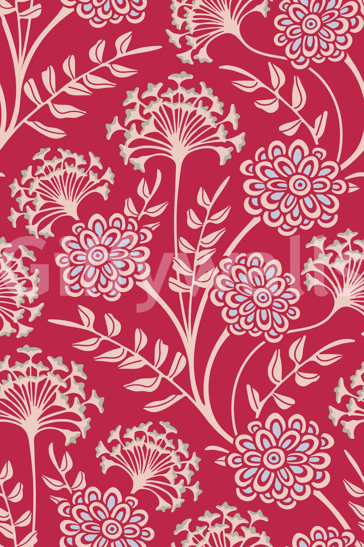 Danube Retro Vintage Floral Zinnia Cow Parsley in Viva Magenta Red Wallpaper⁠