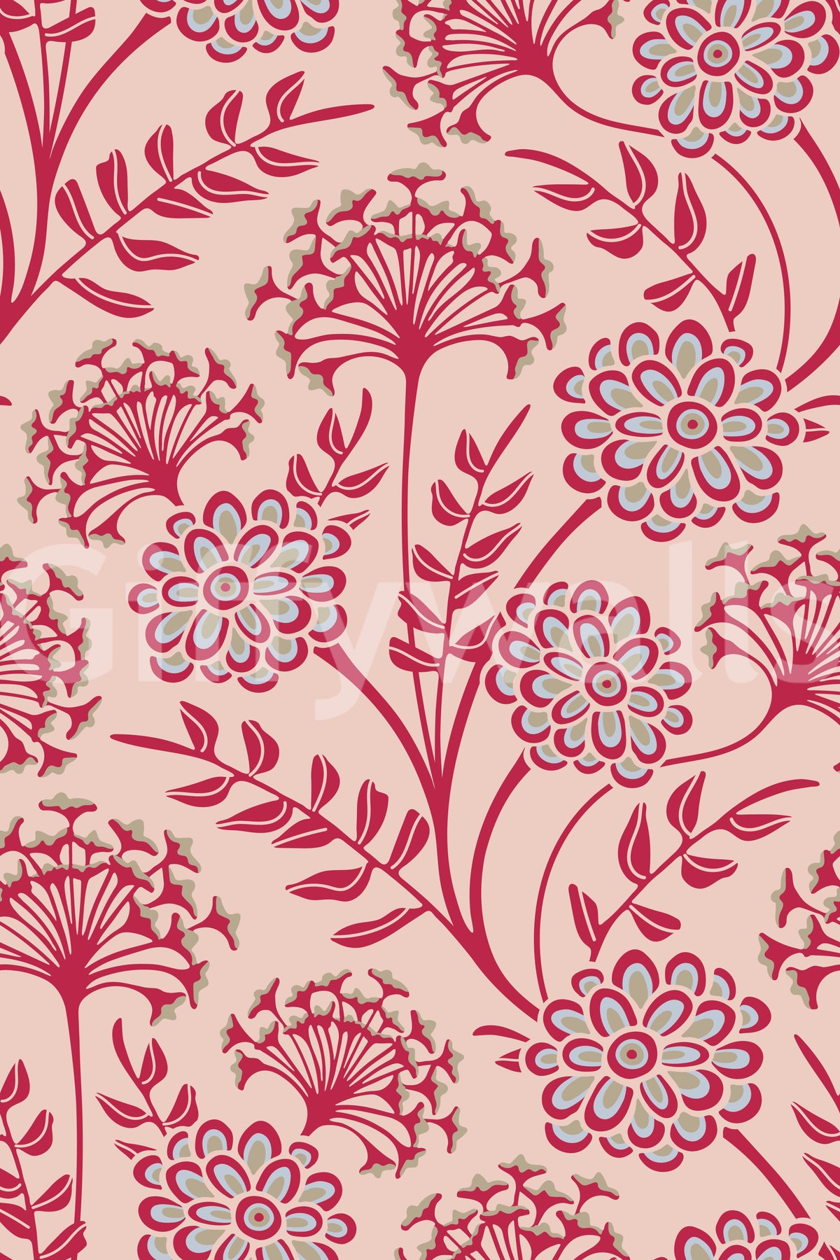 Danube Retro Vintage Floral Zinnia Cow Parsley in Viva Magenta Red Warm Sand  Wallpaper⁠